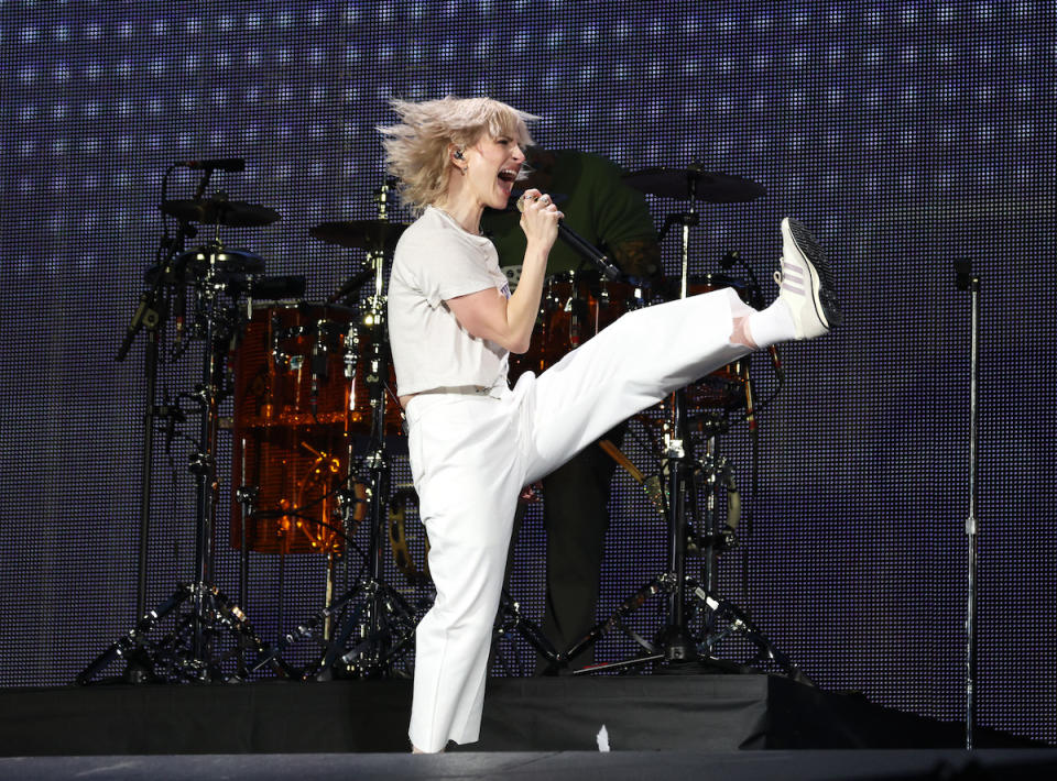Hayley Williams of Paramore opens for "Taylor Swift | The Eras Tour" in Adidas SL 72 sneakers at La Defense on May 09, 2024 in Paris, France