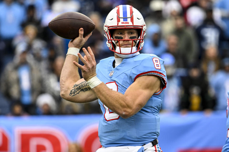 Tennessee Titans quarterback Will Levis (8) passes in the pocket against the Houston Texans during the first half of an NFL football game, Sunday, Dec. 17, 2023, in Nashville, Tenn. (AP Photo/John Amis)