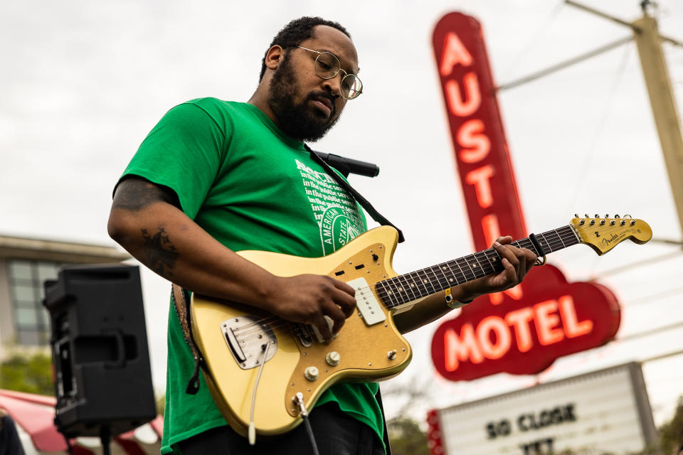 Bartees Strange performs on the Working Families Party Politics Stage at the Austin Motel during SXSW on March 14th, 2023.