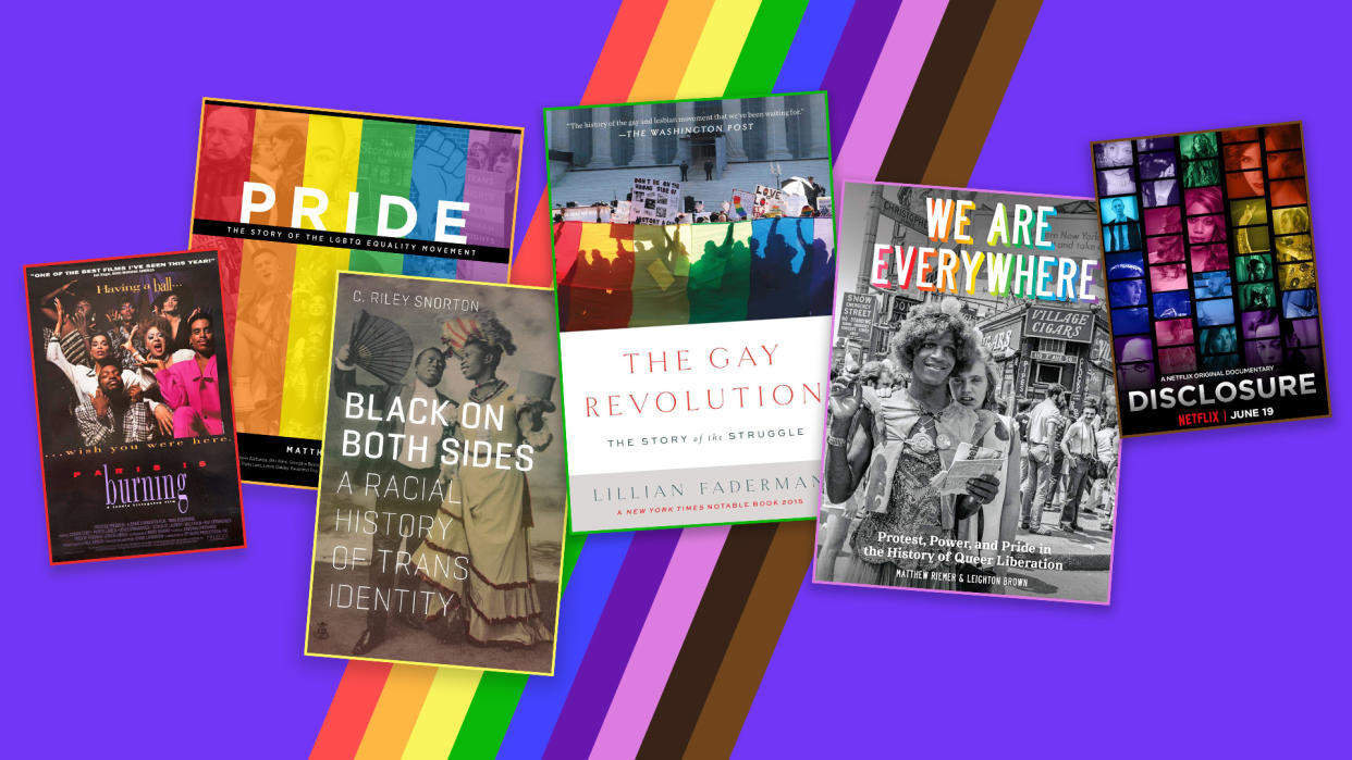 The films Paris Is Burning and Disclosure (far left and far right) and books Pride, Black on Both Sides, The Gay Revolution and We Are Everywhere offer lessons on LGBTQ history. (Image by Quinn Lemmers for Yahoo Life)