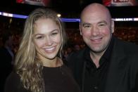 May 5, 2012; East Rutherford, NJ, USA; UFC president Dana White (right) poses with Strikeforce MMA female champion Ronda Rousey during a bout between Johny Hendricks and Josh Koscheck during UFC on Fox 3 at the Izod Center. Mandatory Credit: Joe Camporeale-USA TODAY Sports