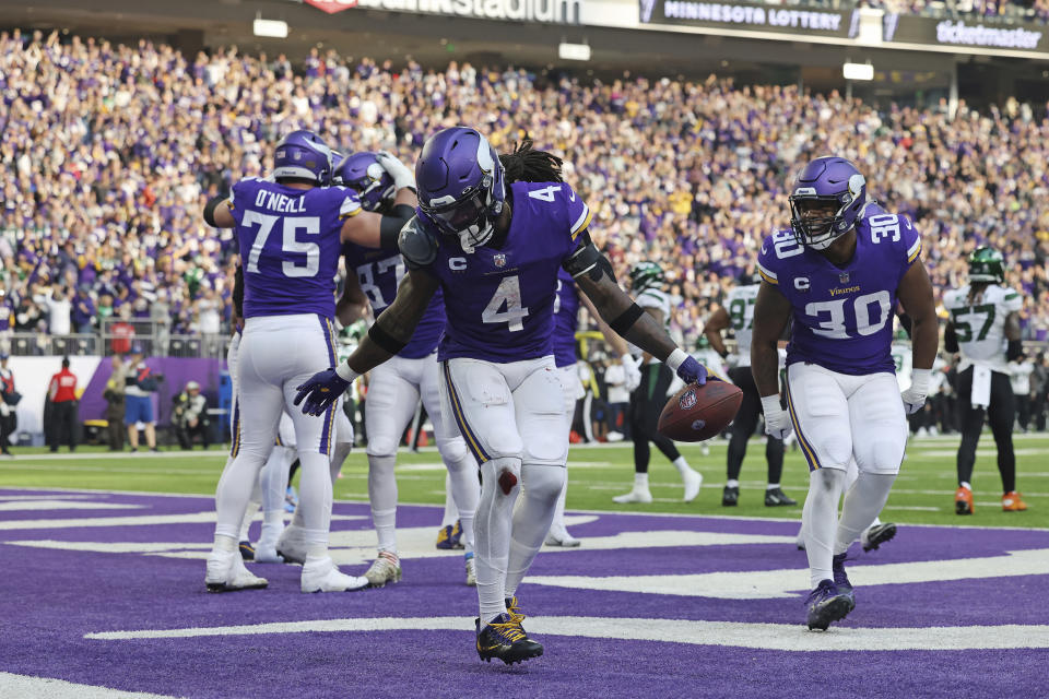 Minnesota Vikings running back Dalvin Cook (4) celebrates in the end zone after scoring a touchdown against the New York Jets. (AP Photo/Stacy Bengs)