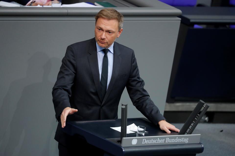 Christian Lindner, leader of Germany's free democratic FDP party, speaks during a session of the Bundestag (lower house of parliament), during which the motion of the FDP parliamentary group on immediate measures in the Corona crisis is discussed, on March 13, 2020 in Berlin. (Photo by Odd ANDERSEN / AFP) (Photo by ODD ANDERSEN/AFP via Getty Images)