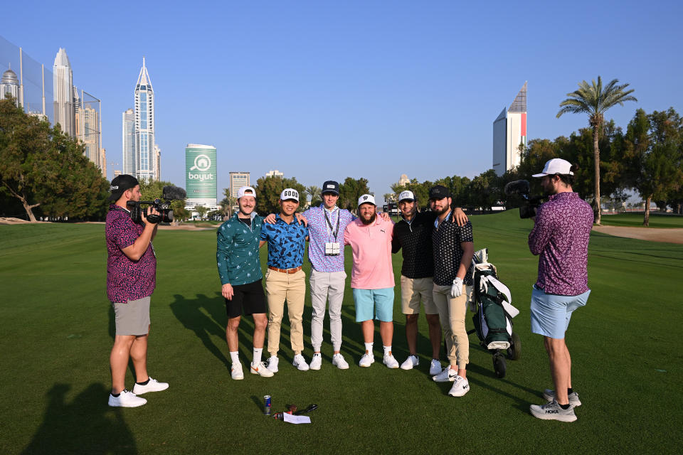 Andrew Johnston of England and playing partners pose for a photo during the Pro-Am prior to the Hero Dubai Desert Classic at Emirates Golf Club on January 24, 2023 in Dubai, United Arab Emirates. (Photo by Ross Kinnaird/Getty Images)