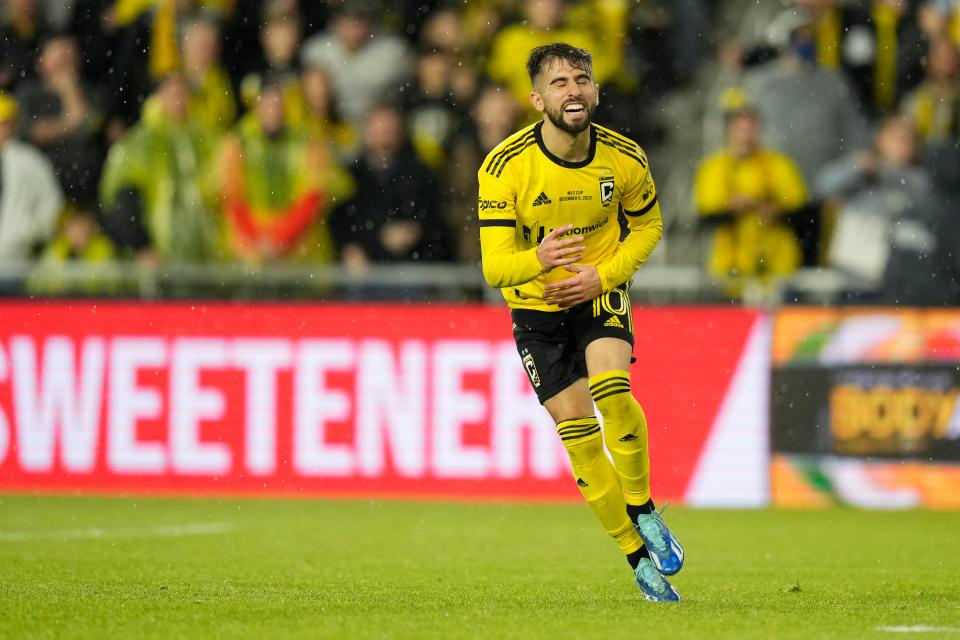 Crew forward Diego Rossi reacts against Los Angeles FC in the 2023 MLS Cup championship game.