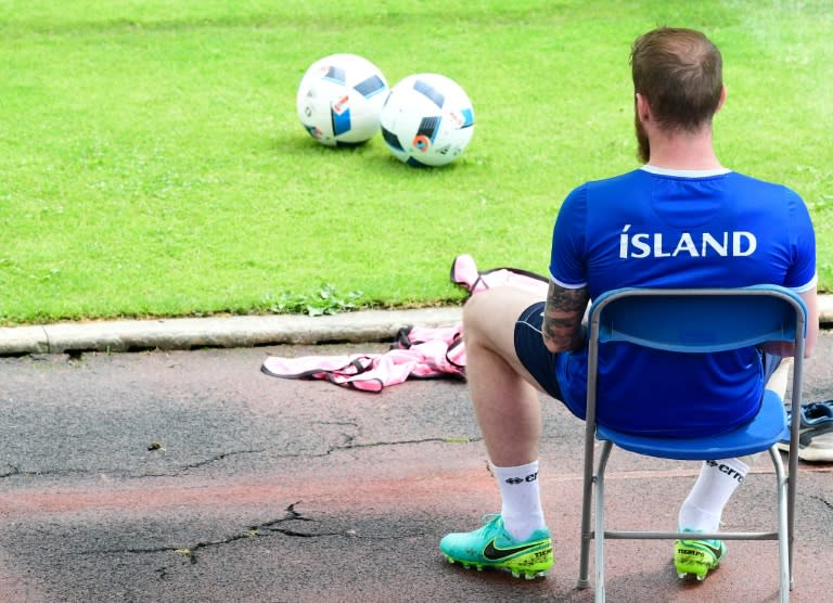 Iceland's midfielder Aron Gunnarsson looks on during a training session in Annecy on June 30, 2016, prior to their quarter-finals match against France on July 3