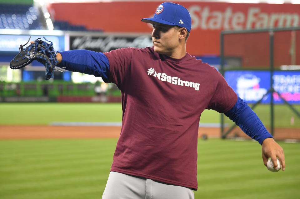 Anthony Rizzo and his Cubs teammates wore Stoneman Douglas High School shirts during warm-ups on Thursday, and Rizzo didn’t mince words when talking about the aftermath of the shooting. (Getty Images)