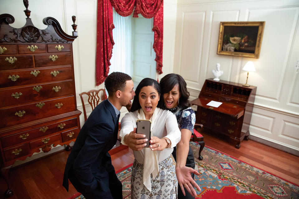 First Lady Michelle Obama participates in a "Let's Move!" Dubsmash video taping with NBA player Stephen "Steph" Curry and his wife Yeysha in the Map Room of the White House, Feb. 4, 2016. [Photo: Official White House Photo by Lawrence Jackson]