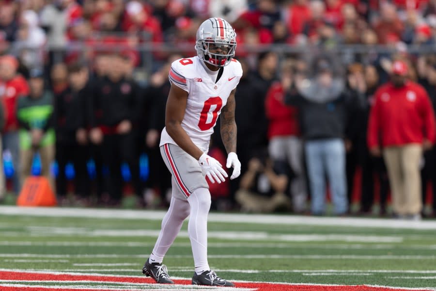 PISCATAWAY, NJ – NOVEMBER 04: Xavier Johnson #0 of the Ohio State Buckeyes during the game against the Rutgers Scarlet Knights on November 4, 2023 at SHI Stadium in Piscataway, New Jersey. (Photo by Rich Graessle/Icon Sportswire via Getty Images)