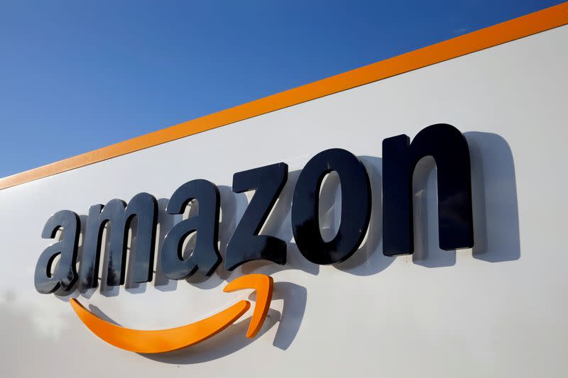 FILE PHOTO: The logo of Amazon is seen at the company logistics centre in Boves