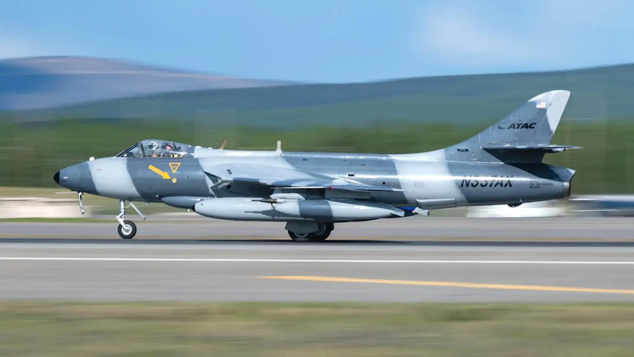 A Hawker Hunter Mk 58 jet belonging to private contractor ATAC ended up in a grassy field at Naval Air Station Key West after an aborted takeoff on December 6, 2023.