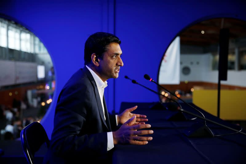 US Democratic Representative Ro Khanna, vice chair of the 98-member Congressional Progressive Caucus, holds a news conference during Web Summit, in Lisbon