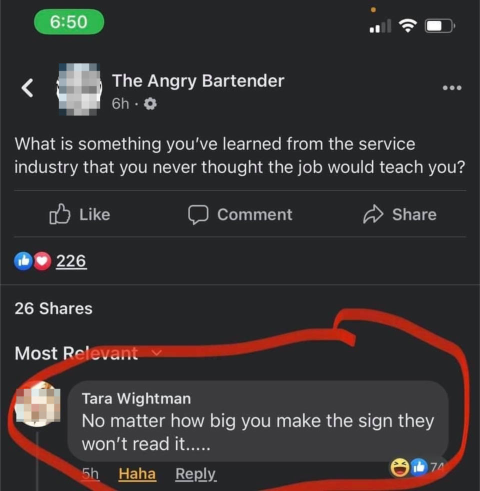 facebook comment reading no matter how big you make the sign they won't read it