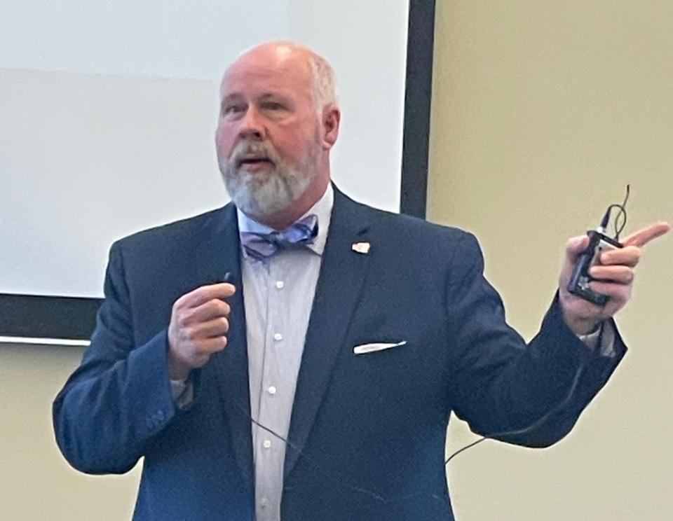 Roane State President Chris Whaley tells the League of Women Voters recently about the planned Knox Regional Health Science Education and Simulation Center, which will fight against the shortage of health care workers in Tennessee.