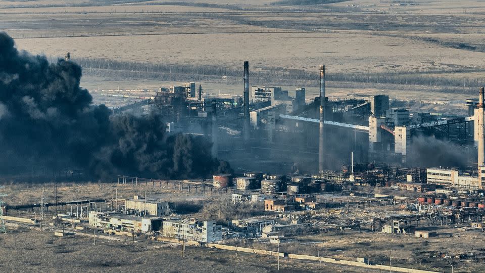 A general view of smoke rising from the Avdiivka Coke and Chemical Plant on February 15, 2024 in Avdiivka district, Ukraine. - Kostiantyn Liberov/Libkos/Getty Images