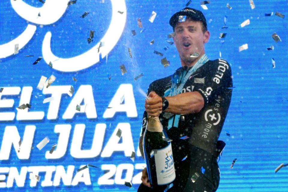 Australian cyclist Sam Welsford celebrates at the podium after winning the 6th stage of the Vuelta a San Juan 2023 in San Juan Argentina on January 28 2023 Photo by Andres Larrovere  AFP Photo by ANDRES LARROVEREAFP via Getty Images