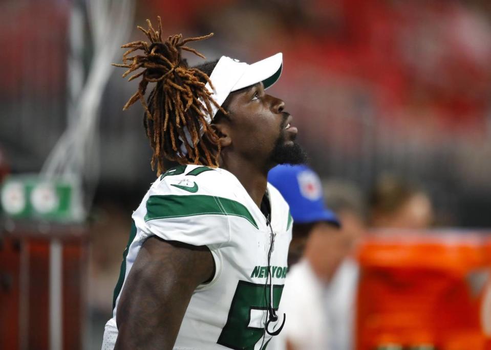 New York Jets linebacker C.J. Mosley looks on from the bench during the second half of a preseason game against the Atlanta Falcons at Mercedes-Benz Stadium on August 15, 2019, in Atlanta. (Todd Kirkland/Getty Images/TNS) Todd Kirkland/TNS