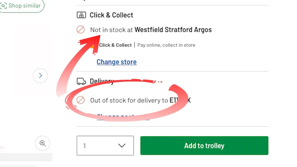 A shopping website showing an out-of-stock message