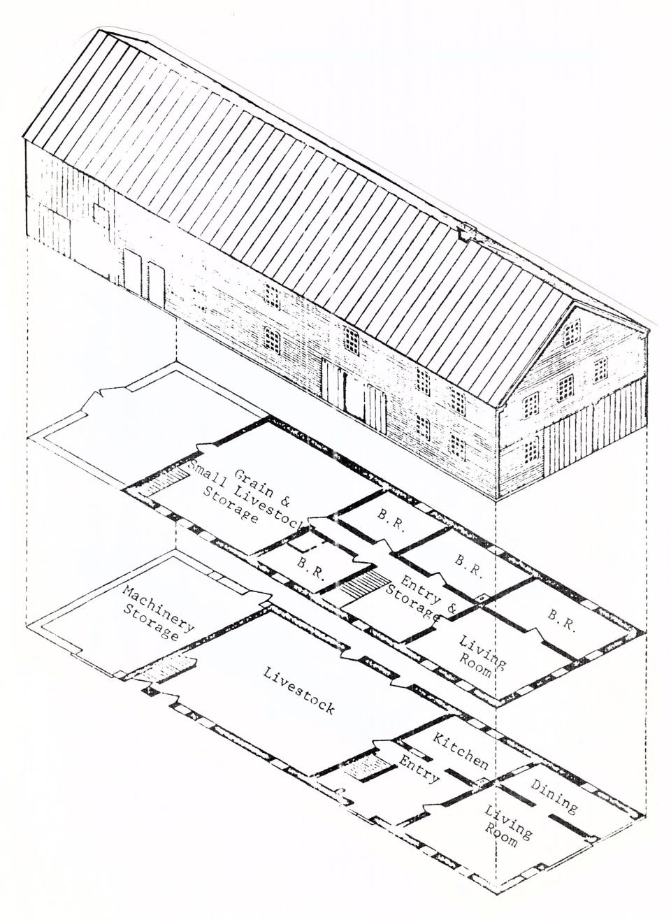 Architectural drawing of the Lutze Housebarn (from the National Register of Historic Places nomination).