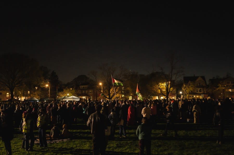 Students, supporters gather for the first night of encampment at Northwestern University protesting the university’s support of the ongoing war on Gaza.