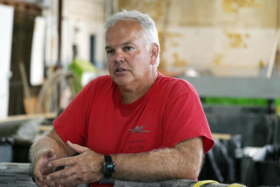 Wayne Lusardi, Michigan's state maritime archaeologist with the Department of Natural Resources is interviewed about the recovery efforts of a P-39 Airacobra, Thursday, Aug. 17, 2023 in Detroit. A team of divers have been trolling Lake Huron off Michigan's Thumb for several weeks each of the past few years searching for scattered pieces of aviation — and Black military — history. Their target is the wreckage of a World War II-era fighter plane flown by a member of the famed Tuskegee airmen that crashed during training nearly 80 years ago near Port Huron, about 60 miles northeast of Detroit. (AP Photo/Carlos Osorio)