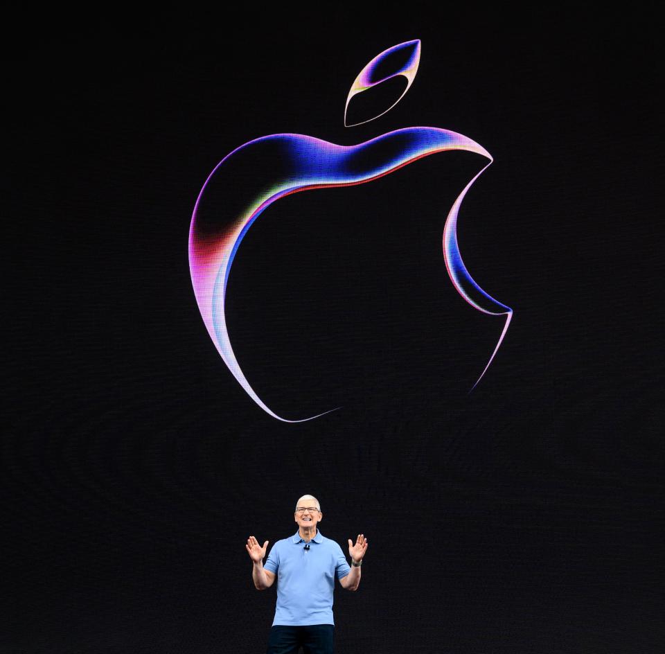 Apple CEO Tim Cook speaks during Apple's Worldwide Developers Conference (WWDC) at the Apple Park campus in Cupertino, California, on June 5, 2023. Apple on Monday is expected to show off pricy mixed-reality headgear at its annual Worldwide Developers Conference, challenging Facebook-owner Meta in a market that has yet to sizzle. (Photo by Josh Edelson / AFP) (Photo by JOSH EDELSON/AFP via Getty Images)