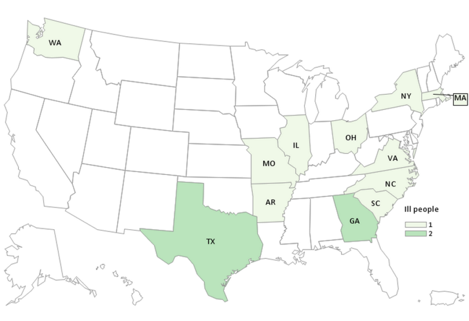 The current, as of May 20, 2022, case count map of salmonella outbreaks due to consumption of some affected peanut butters. Some UPC lots of Jif manufactured in Kentucky and distributed nationwide are part of a May 20, 2022, recall.