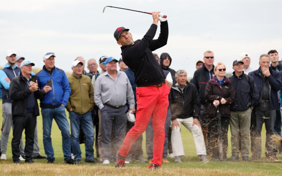 Sergio Garcia of Spain hits an approach shot during Final Qualifying for the Open at The West Lancashire Golf Club on July 2, 2024 in Liverpool, England