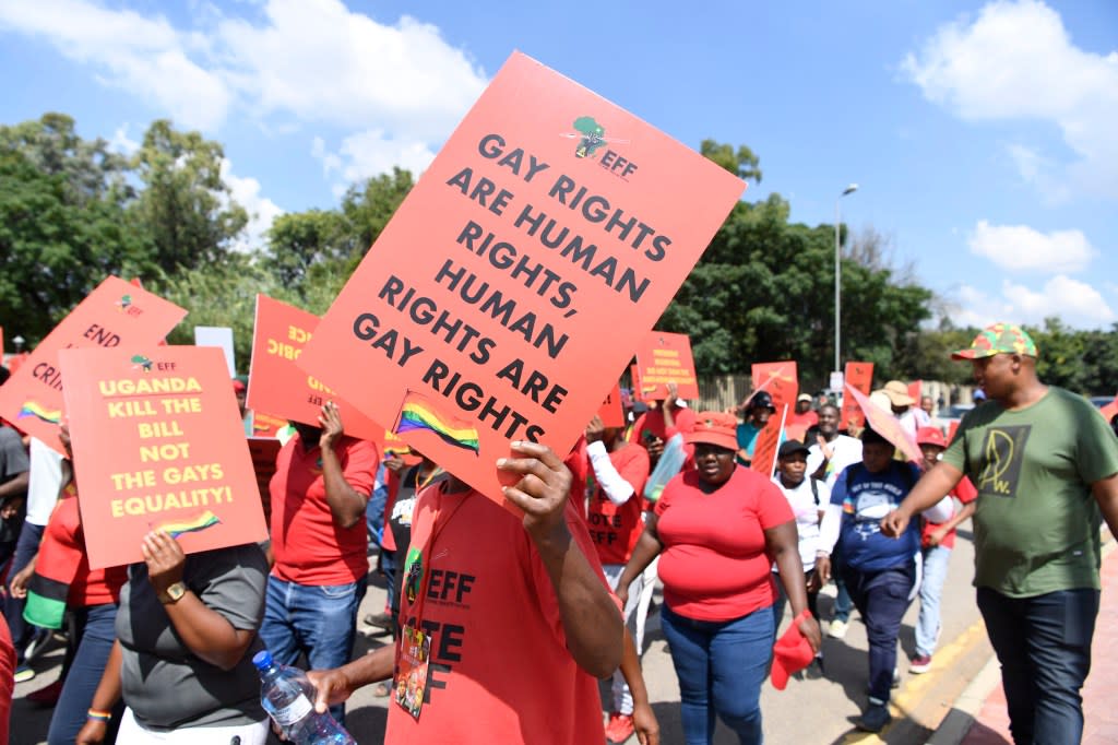 Julius Malema and Members of the Economic Freedom Fighters picket against Uganda’s anti-homosexuality bill at the Uganda High Commission on April 04, 2023 in Pretoria, South Africa. (Photo by Frennie Shivambu/Gallo Images via Getty Images)