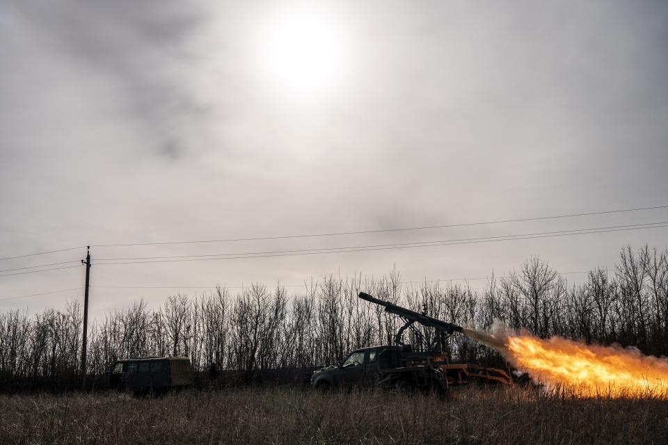 Ukrainian soldiers fire missiles from a Grad PC3B at Russian positions on March 5, 2024.