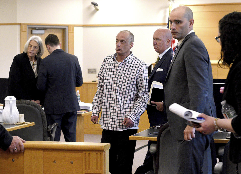 Youth Development Center plaintiff David Meehan walks out of the courtroom during a break in his civil trial at Rockingham County Superior Court in Brentwood, N.H. on Wednesday, April 17, 2024. (David Lane/Union Leader via AP, Pool)