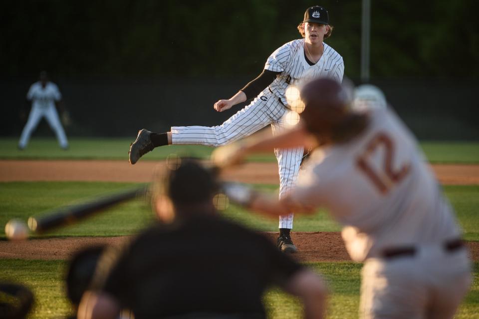 Gray's Creek's Ty Stewart strikes out Lumberton's Kendall Anderson during the first inning on Tuesday, April 18, 2023, at Gray's Creek High School.