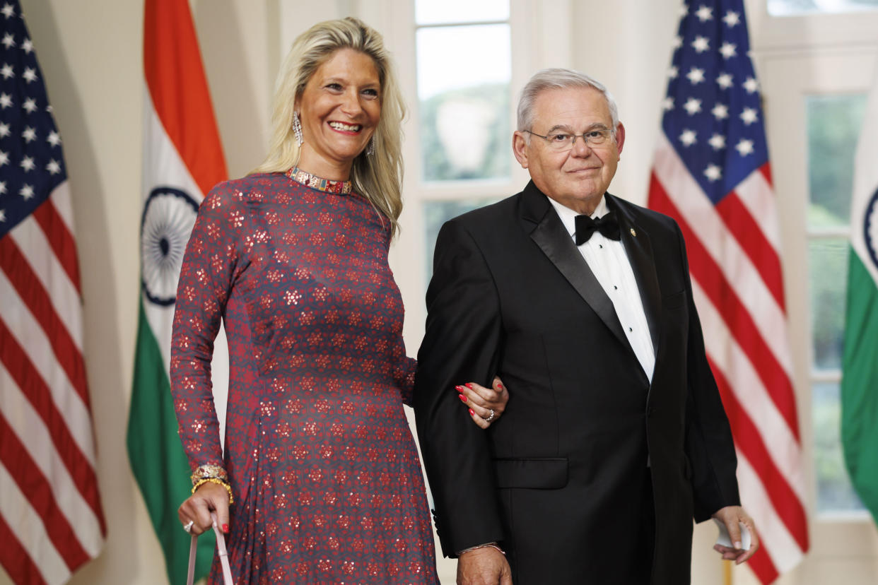 Menendez and his wife Nadine Menendez arrive at the White House for a state dinner for Indian Prime Minister Narendra Modi.
