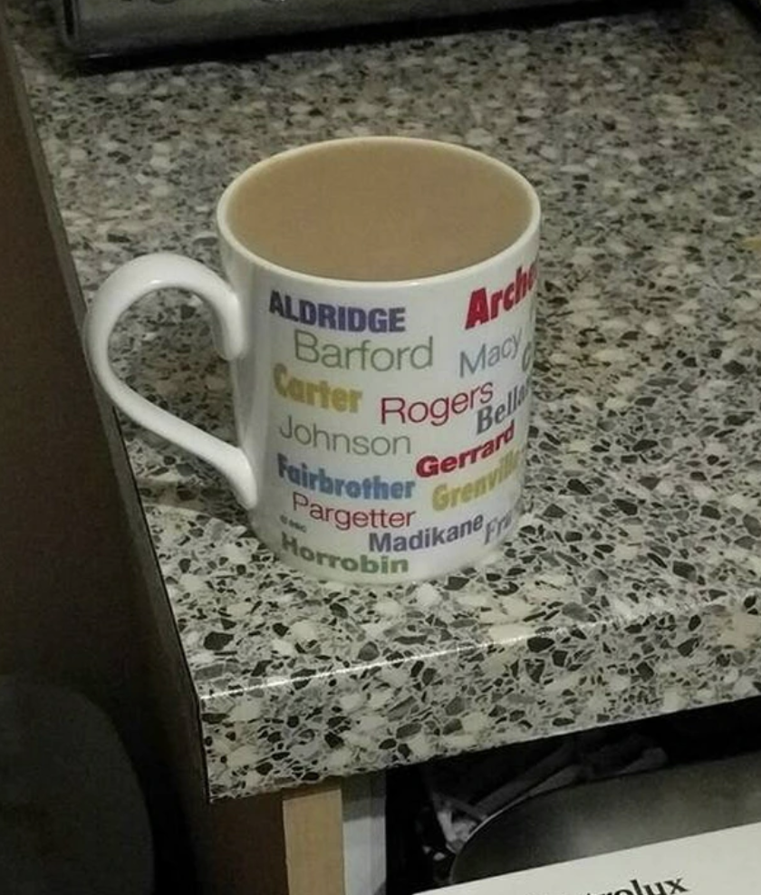Mug with various last names printed on it, resting on a counter