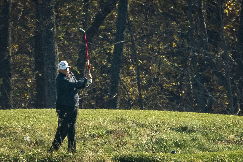 STERLING, VA - NOVEMBER 07: U.S. President Donald Trump golfs at Trump National Golf Club, on November 7, 2020 in Sterling, Virginia. News outlets projected that Democratic nominee Joe Biden will be the 46th president of the United States after a victory in Pennsylvania. (Photo by Al Drago/Getty Images)