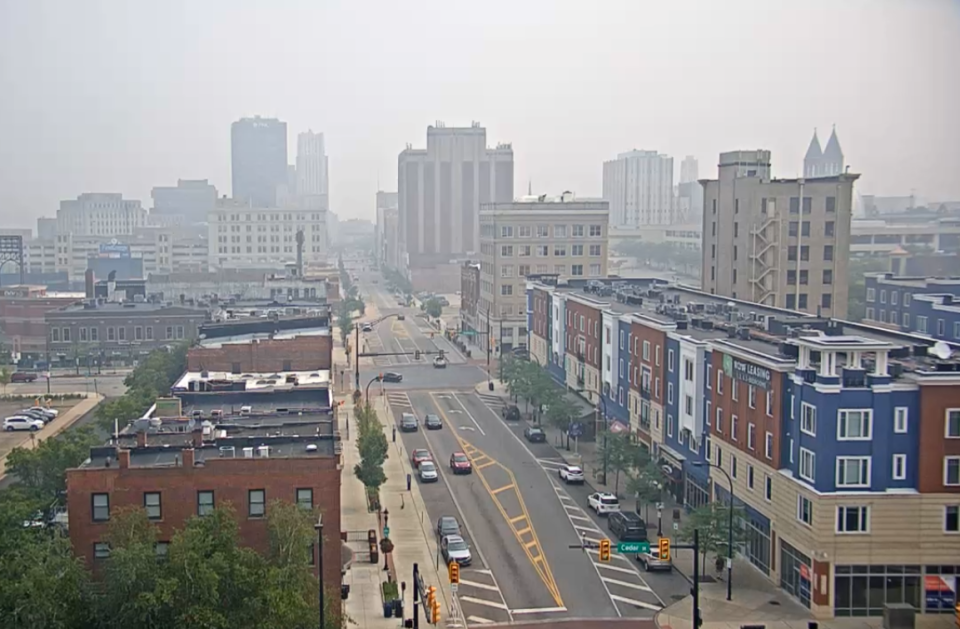 Hazy skies seen over downtown Akron, from the News 5 Cleveland webcam.