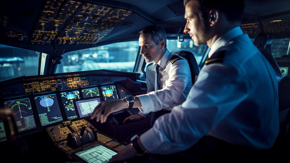 A team of airline employees surrounded by flight deck controls, with a variety of aircraft outside.