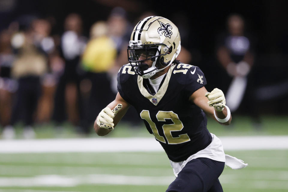 New Orleans Saints wide receiver Chris Olave was arrested Monday. (AP Photo/ Butch Dill)