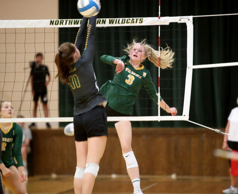 Northwestern outside hitter Ella Haven hits the ball in a contest against Roncalli. Haven was a key part for the Wildcats, who eventually fell to Aberdeen Christian in a SoDak 16 qualifying match.