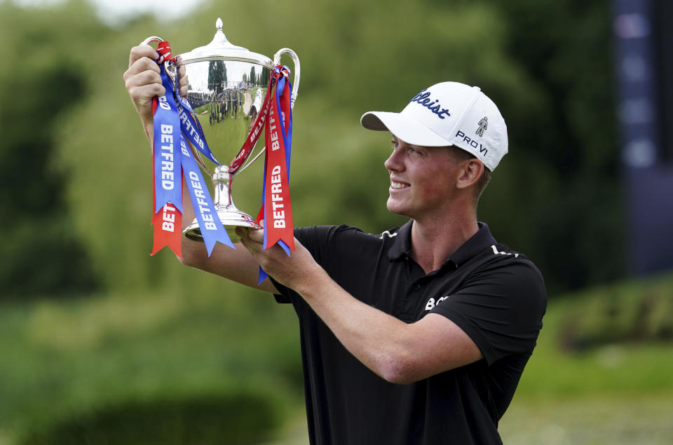 Daniel Hillier of New Zealand poses with the trophy, after day four of the Golf British Masters, at The Belfry, in Sutton Coldfield, England, Sunday July 2, 2023. (David Davies/PA via AP)