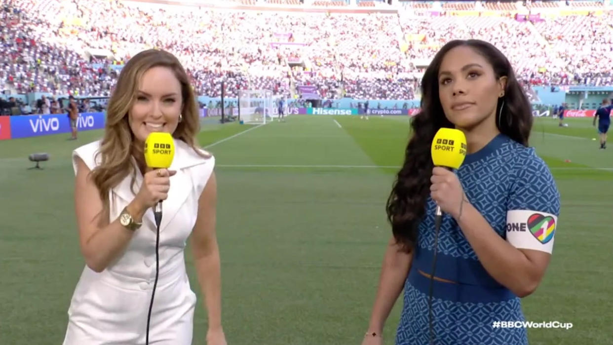 Alex Scott wore a rainbow armband while covering a World Cup match alongside Kelly Somers in Qatar. (BBC)