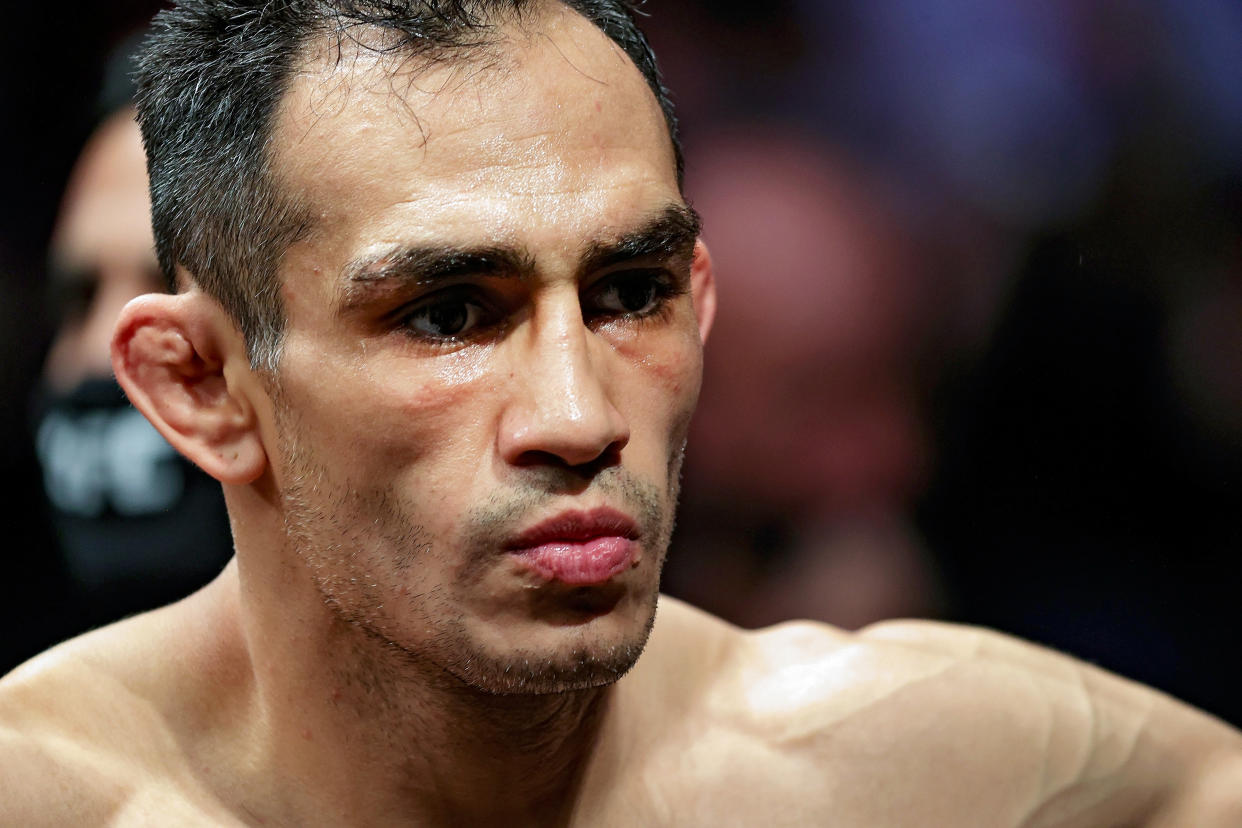 HOUSTON, TEXAS - MAY 15: Tony Ferguson looks on prior to facing Beneil Dariush of Iran during their Lightweight Bout at the UFC 262 event at Toyota Center on May 15, 2021 in Houston, Texas. (Photo by Carmen Mandato/Getty Images)