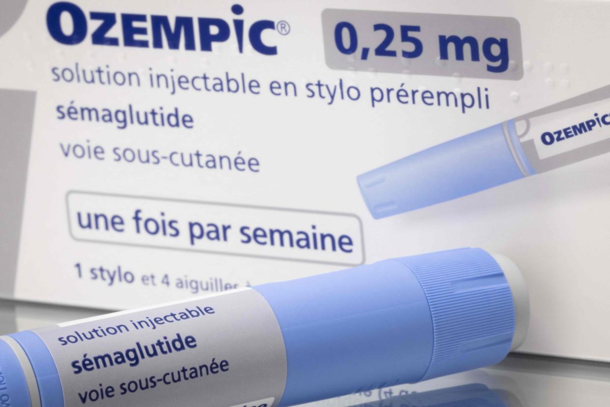 This photograph shows the diabetes drug Ozempic, which is the brand name for semaglutide that's made by Danish pharmaceutical company Novo Nordisk. Novo also markets semaglutide as an anti-obesity drug called Wegovy.