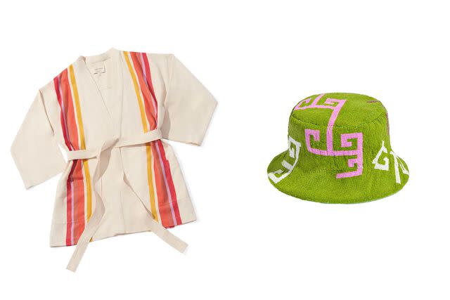 <p>Courtesy of Lucy Folk</p> A Lucy Folk Playa robe ($531) and Eos beaded bucket hat ($331).