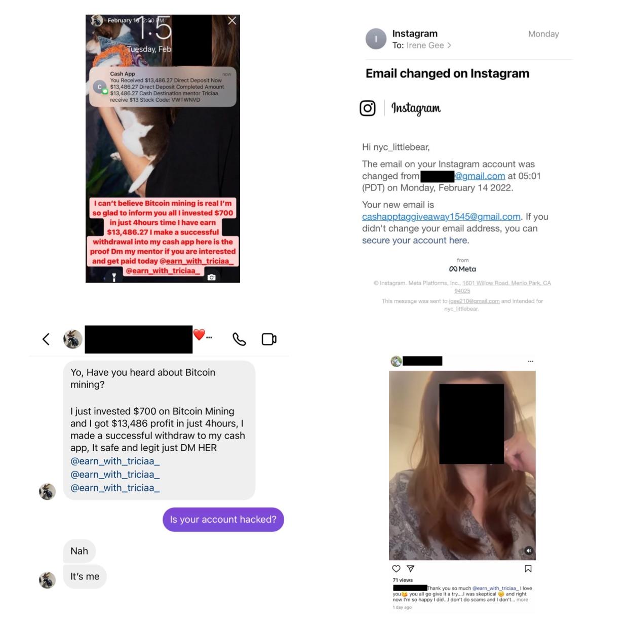 Irene Gee's Instagram account was compromised and her identity was used to promote a money-flipping Bitcoin mining scam.