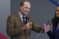 Team USA captain Steve Stricker speaks during the opening ceremony for the Ryder Cup at the Whistling Straits Golf Course Thursday, Sept. 23, 2021, in Sheboygan, Wis. (AP Photo/Ashley Landis)