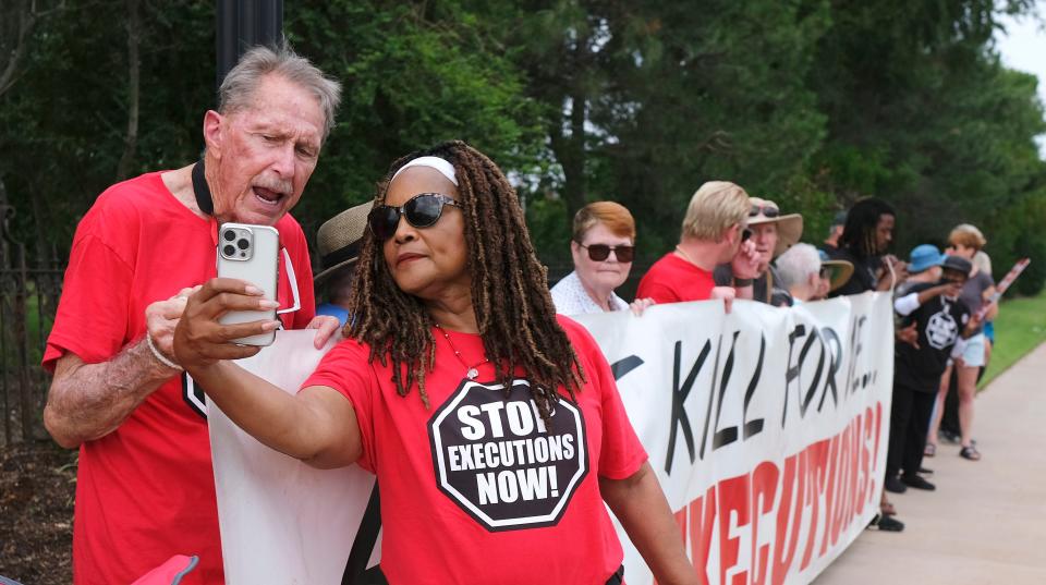 Connie Johnson is seen at a protest against the death penalty in 2023.