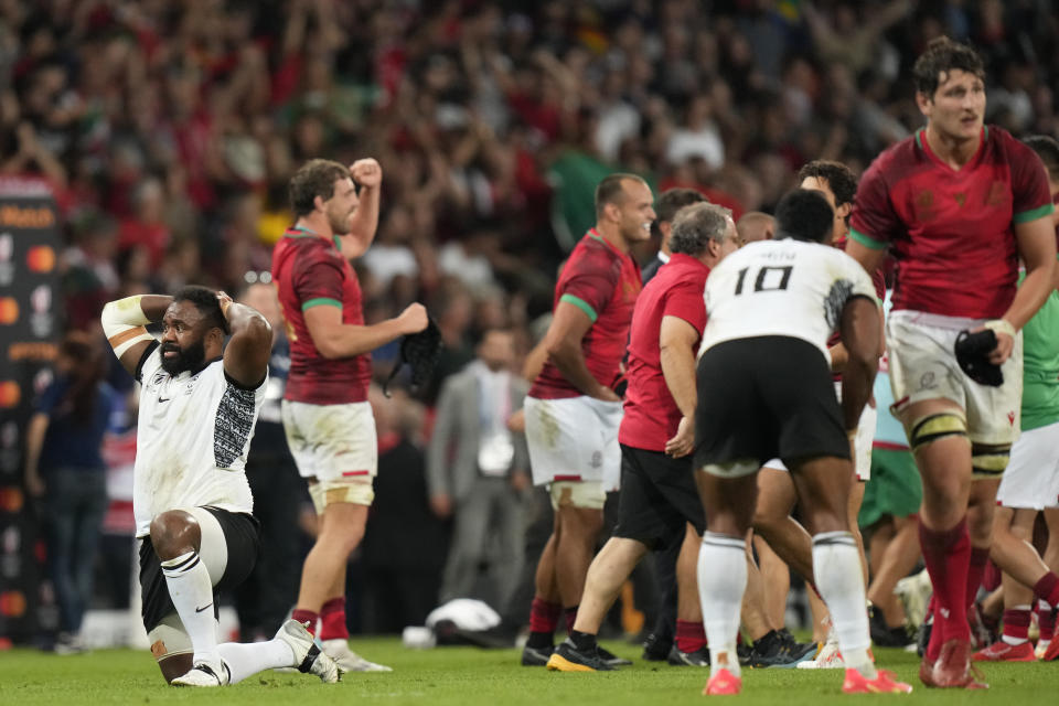 Fiji's Mesake Doge reacts after the end of the Rugby World Cup Pool C match between Fiji and Portugal, at the Stadium de Toulouse in Toulouse, France, Sunday, Oct. 8, 2023. (AP Photo/Pavel Golovkin)