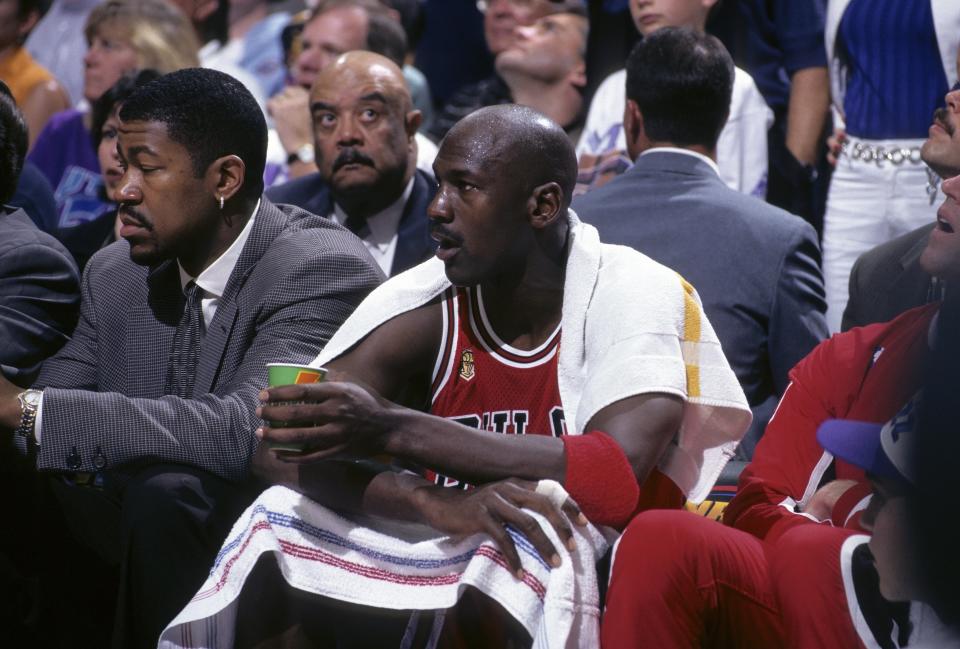 Michael Jordan powered the Bulls to a Game 5 win despite having flu-like symptoms. (Photo by John W. McDonough /Sports Illustrated via Getty Images)