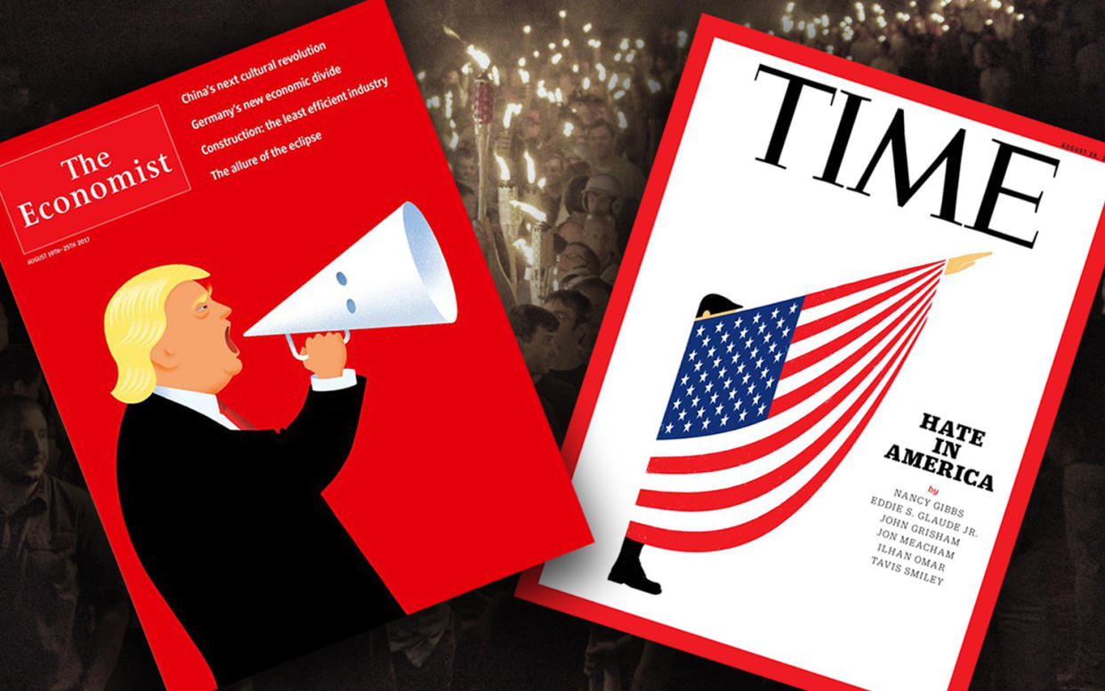 The Economist and Time covers. (Yahoo News photo illustration; photos: Yahoo News, Alejandro Alvarez/News2Share via Reuters)